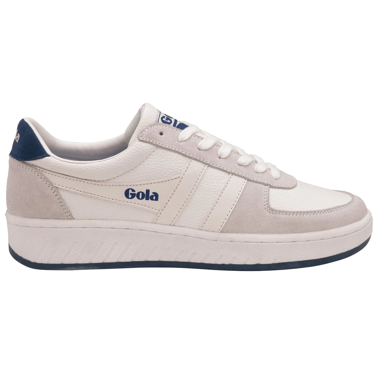 Gola Classics white and grey leather trainer with blue heel tab and branding