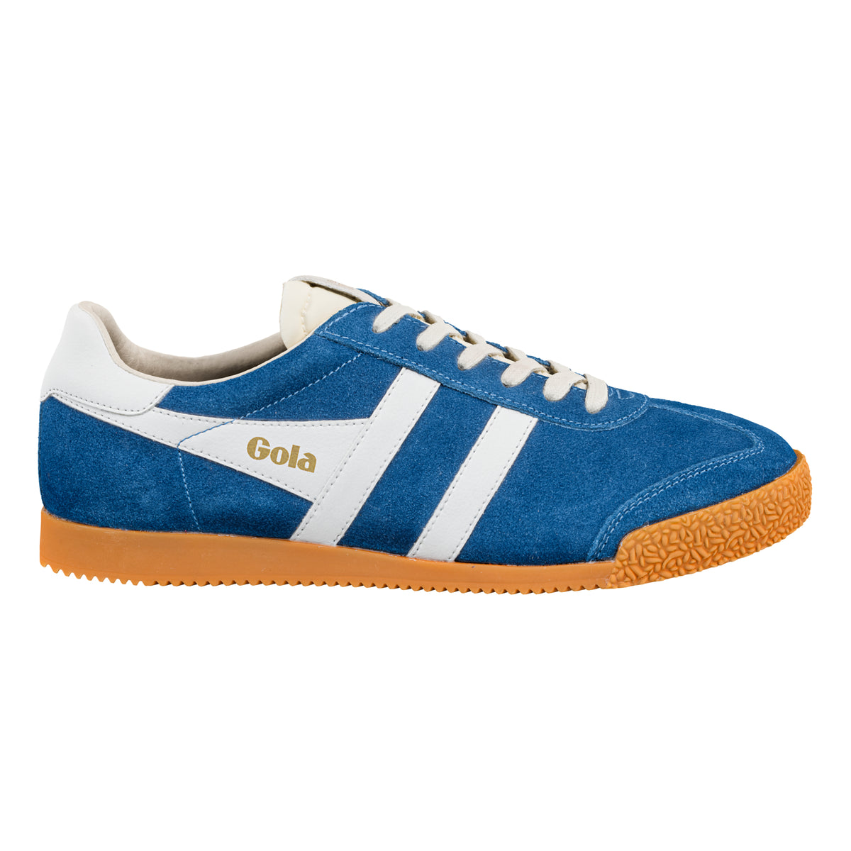 Gola Classics blue suede trainer with white side stripes and gum sole