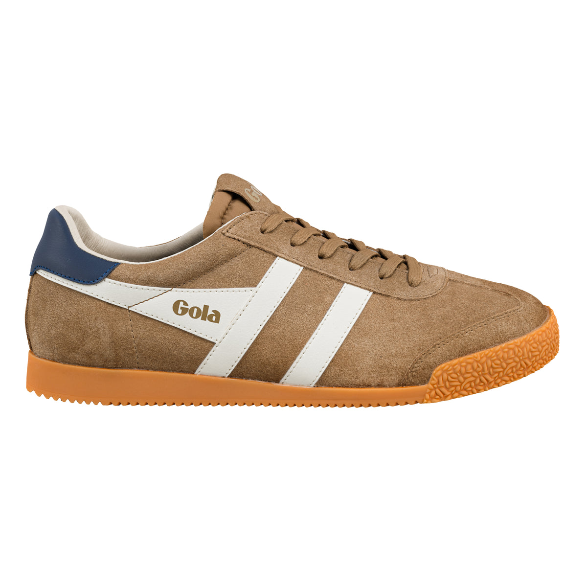 Gola Classics brown suede trainer with white side stripes and gum sole