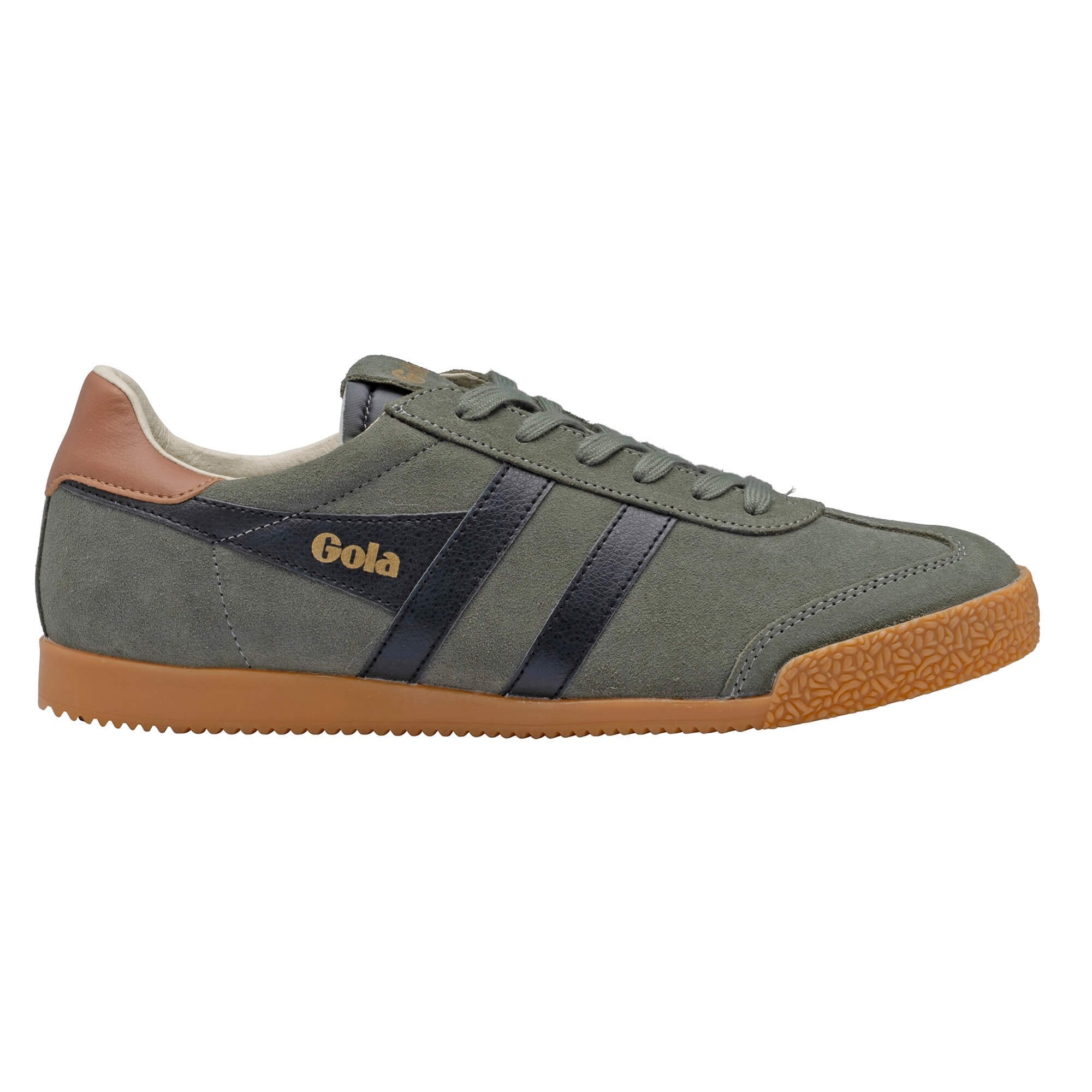 Olive green suede Gola trainer with black side stripes and a gum rubber sole