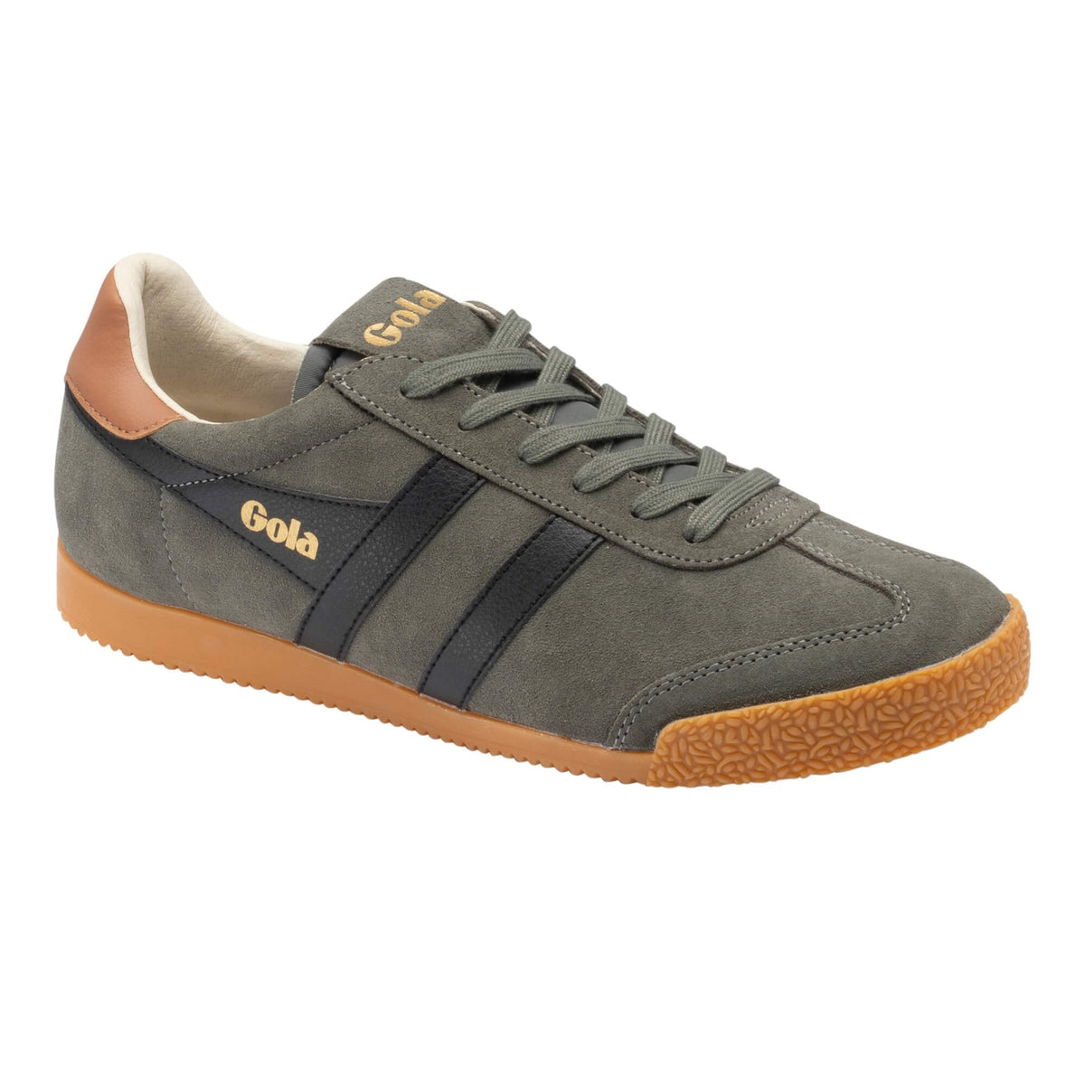 Olive green suede Gola trainer with black side stripes and gum rubber sole