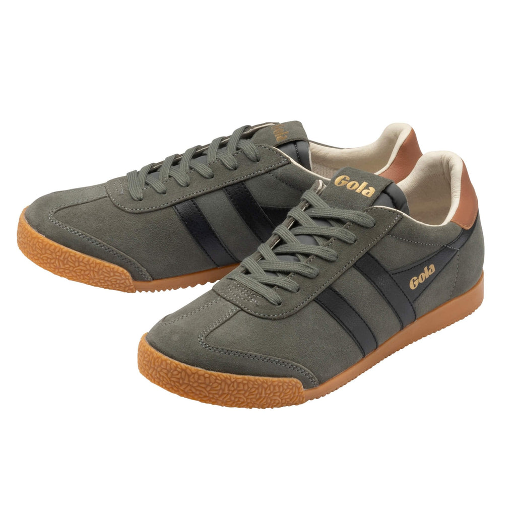 Pair of olive green suede Gola trainers with black side stripes and gum rubber soles