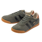 Pair of olive green suede Gola trainers with black side stripes and gum rubber soles