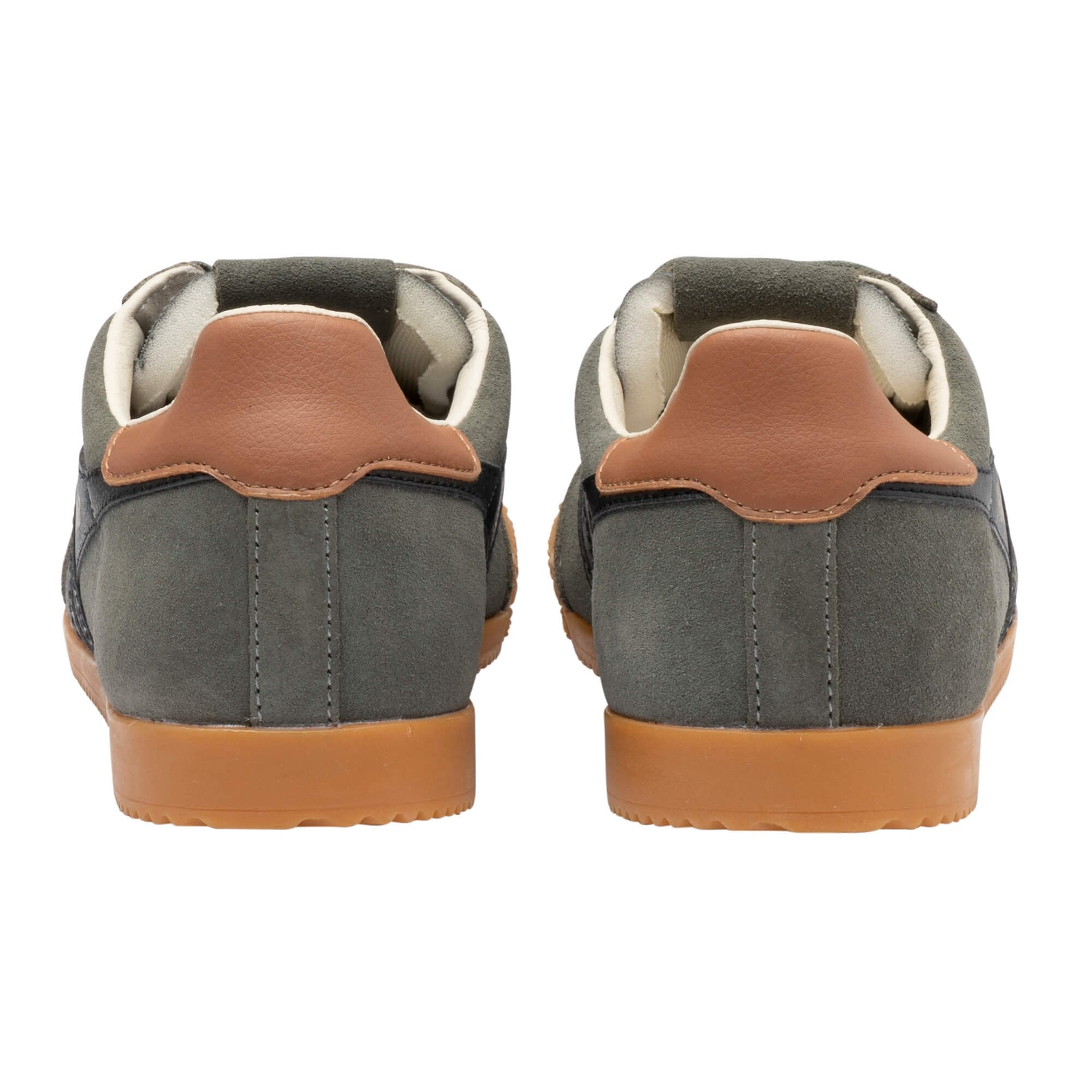 Rear view of grey suede trainers with tan leather heel tabs and gum rubber soles