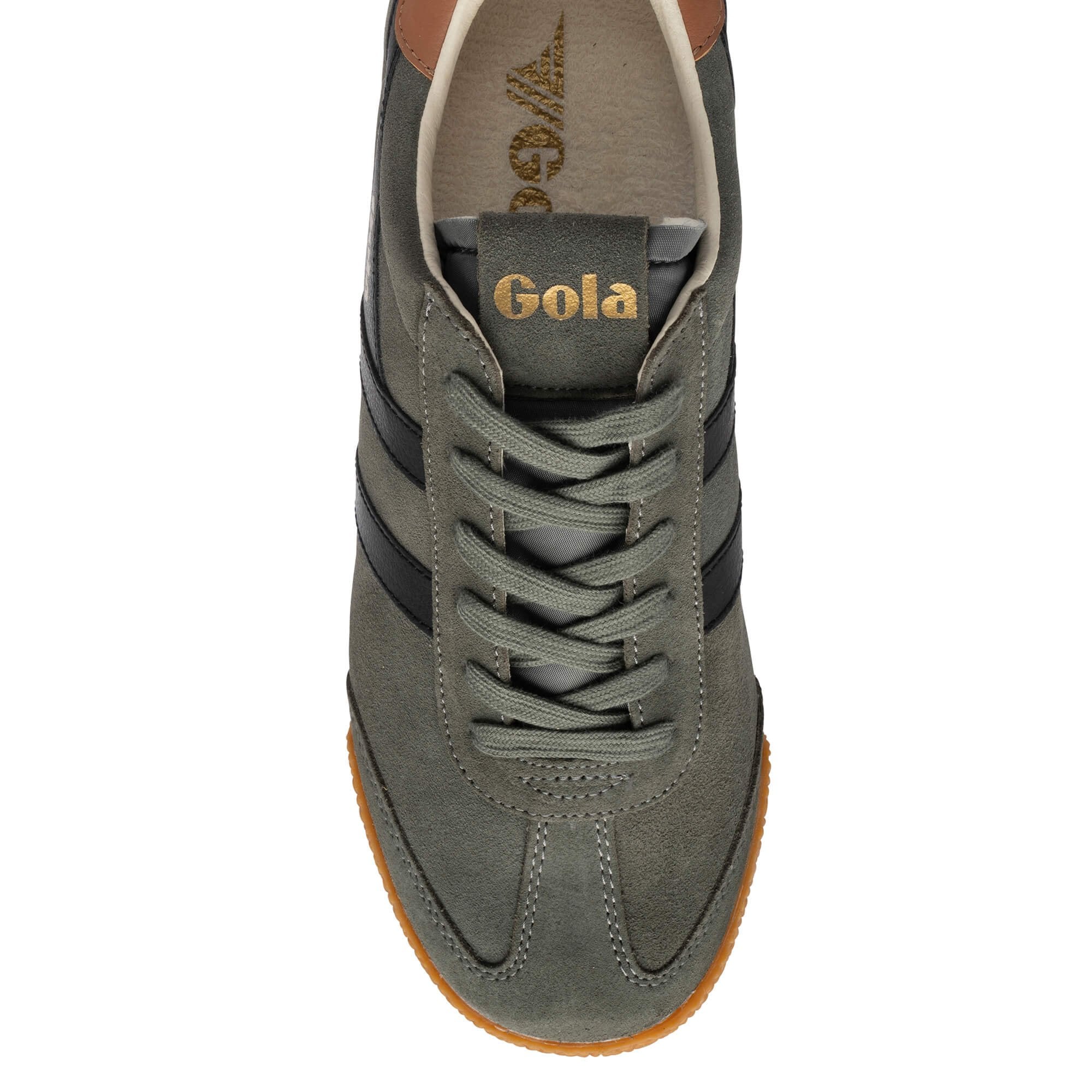 Top view of a grey suede Gola trainer with black side stripes and a gum sole