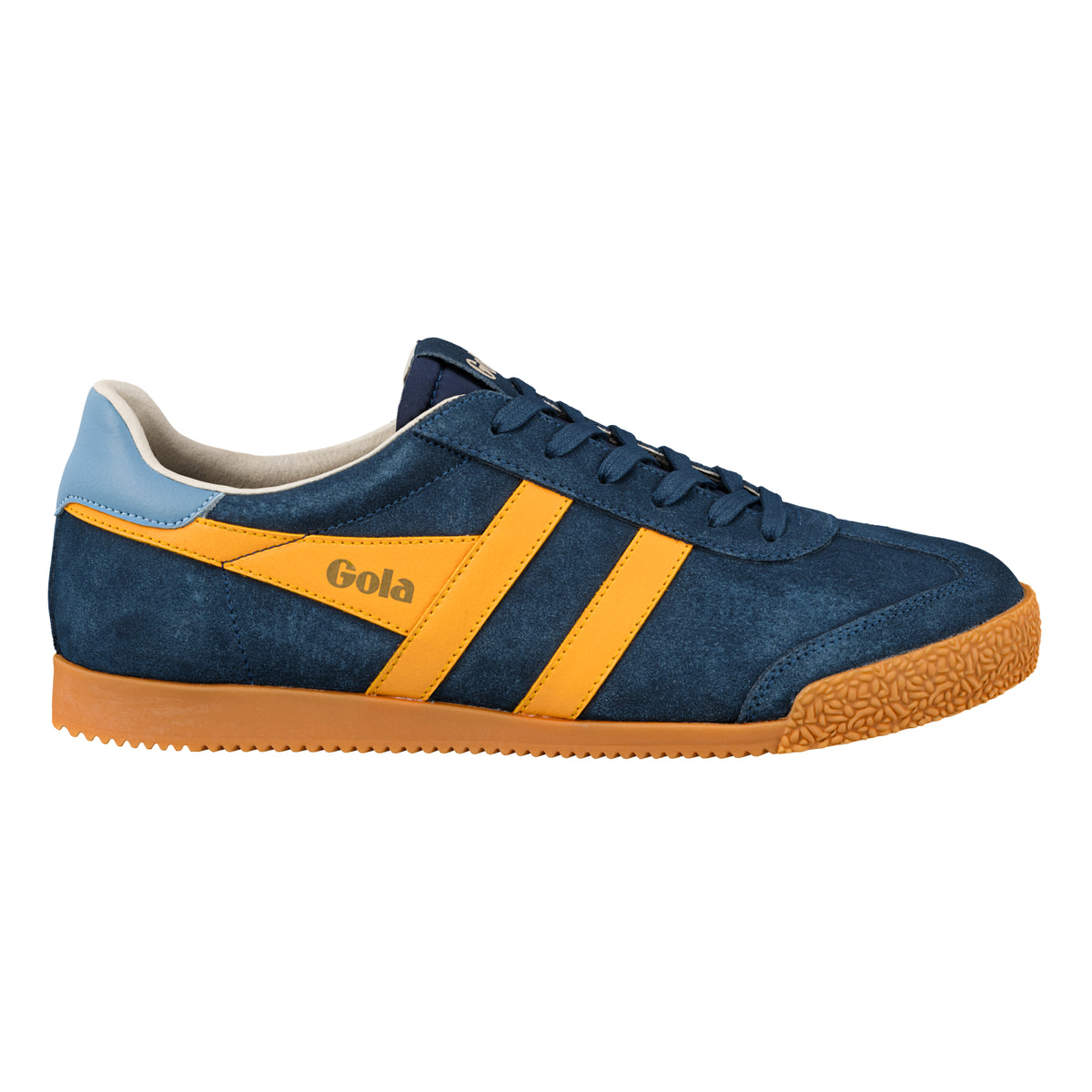 Gola Classics navy suede trainer with yellow side stripes and gum sole