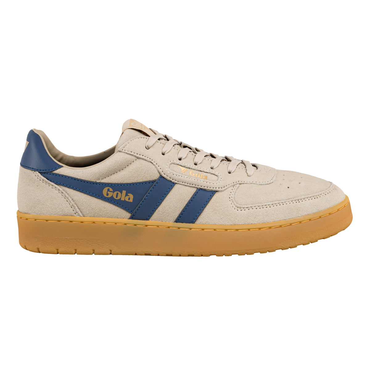 Gola Classics beige suede trainer with blue side stripes and gum sole