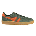 Gola Classics olive green suede trainer with orange side stripes and gum sole