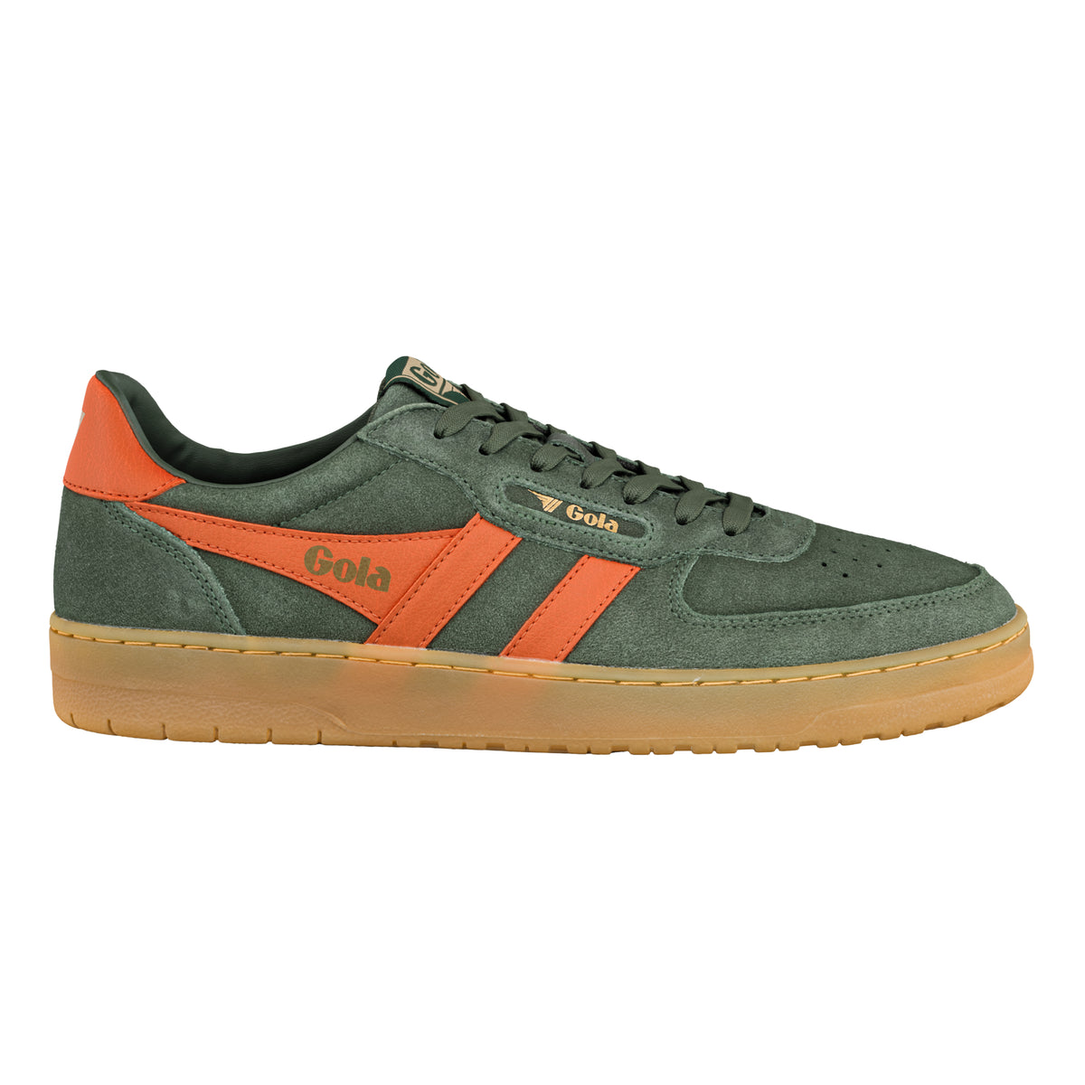 Gola Classics olive green suede trainer with orange side stripes and gum sole