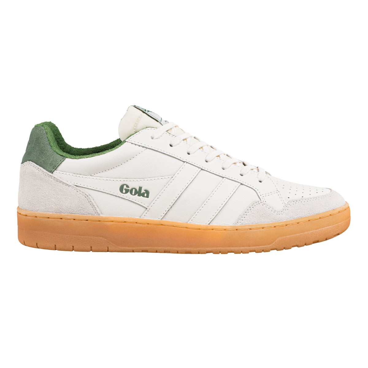 Gola Classics white leather trainer with green suede heel tab and gum sole