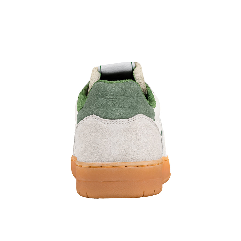 Rear view of a white and green trainer with a gum sole