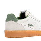 Close up of the back of a white Gola trainer with a green suede heel and a gum sole