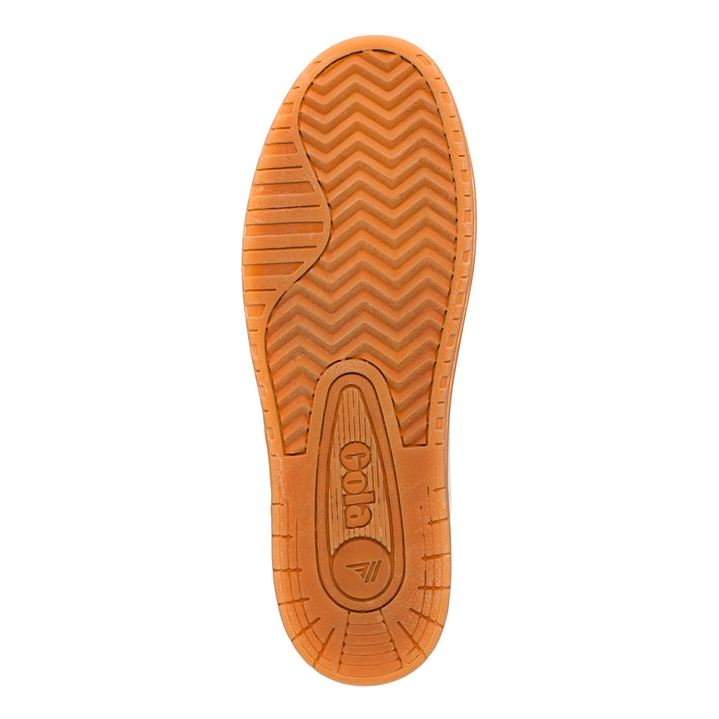 Underside of a Gola trainer with a brown rubber sole and a chevron pattern