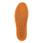 Underside of a Gola trainer with a brown rubber sole and a chevron pattern