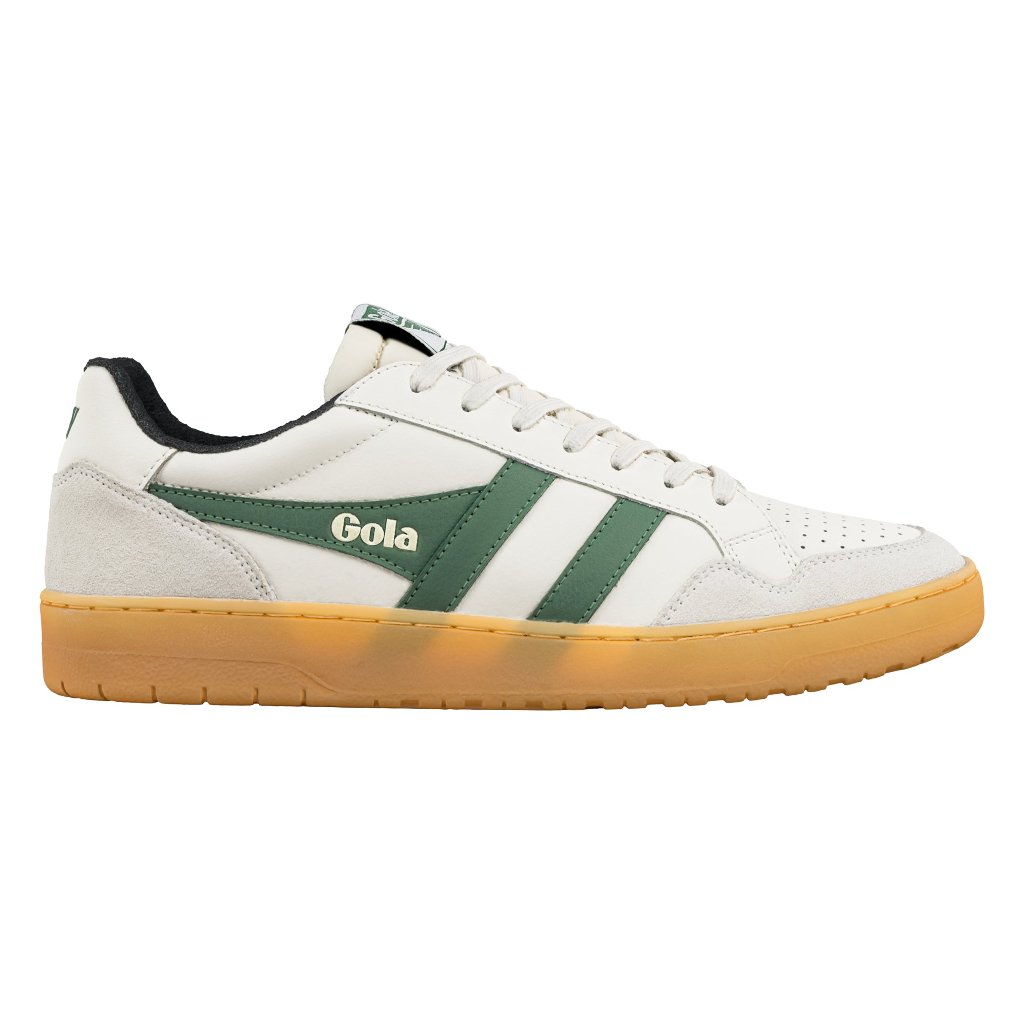 Gola Grandslam Classic trainer in off-white with green stripes and a gum sole