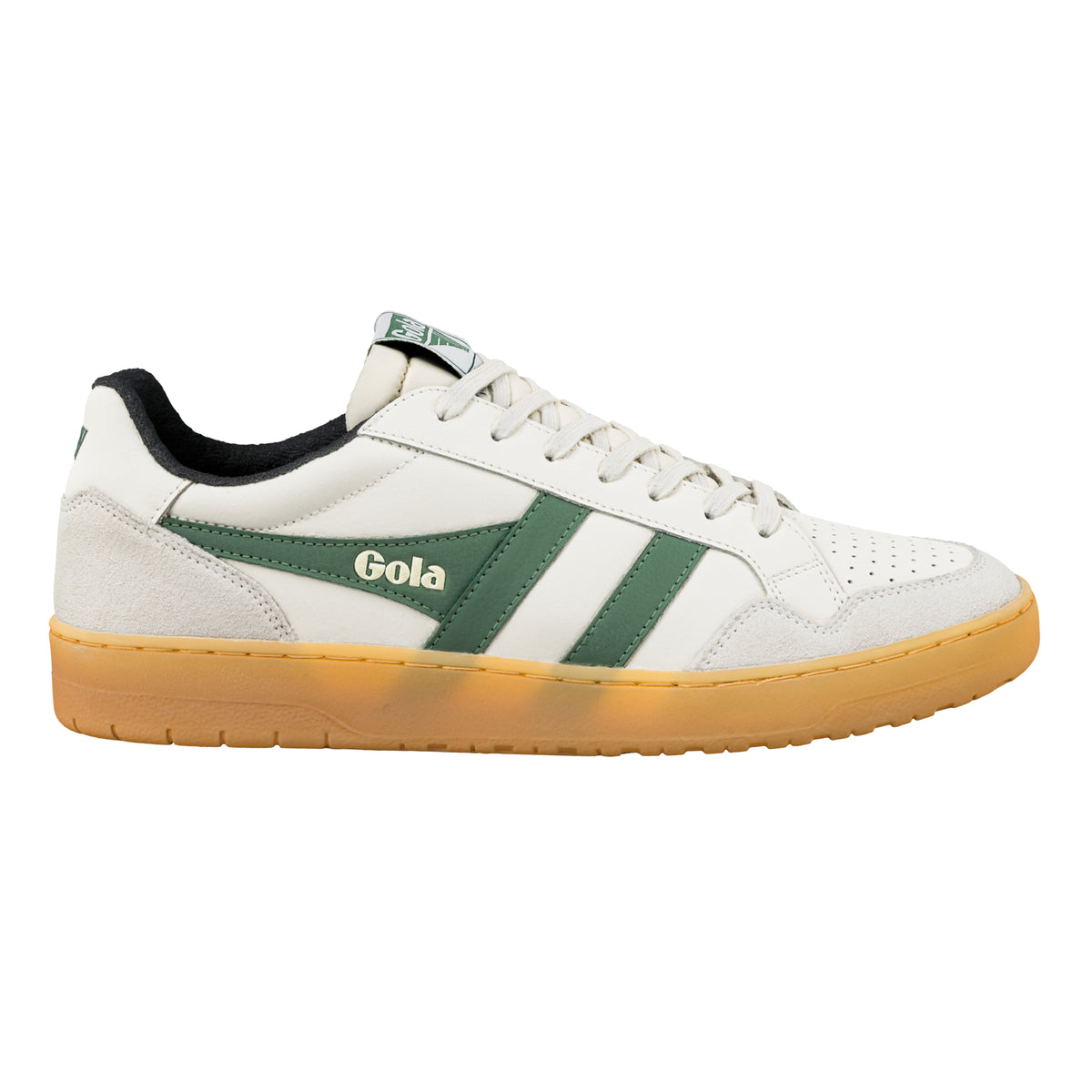 Gola Classics off white trainer with green side stripes and gum sole