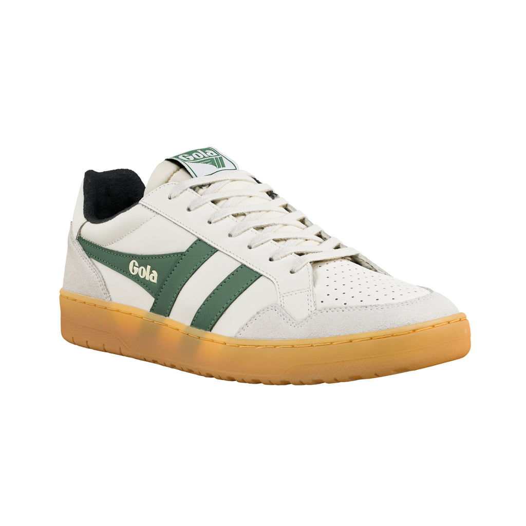Gola Grandslam Classic trainers in off-white with green stripes and a gum sole