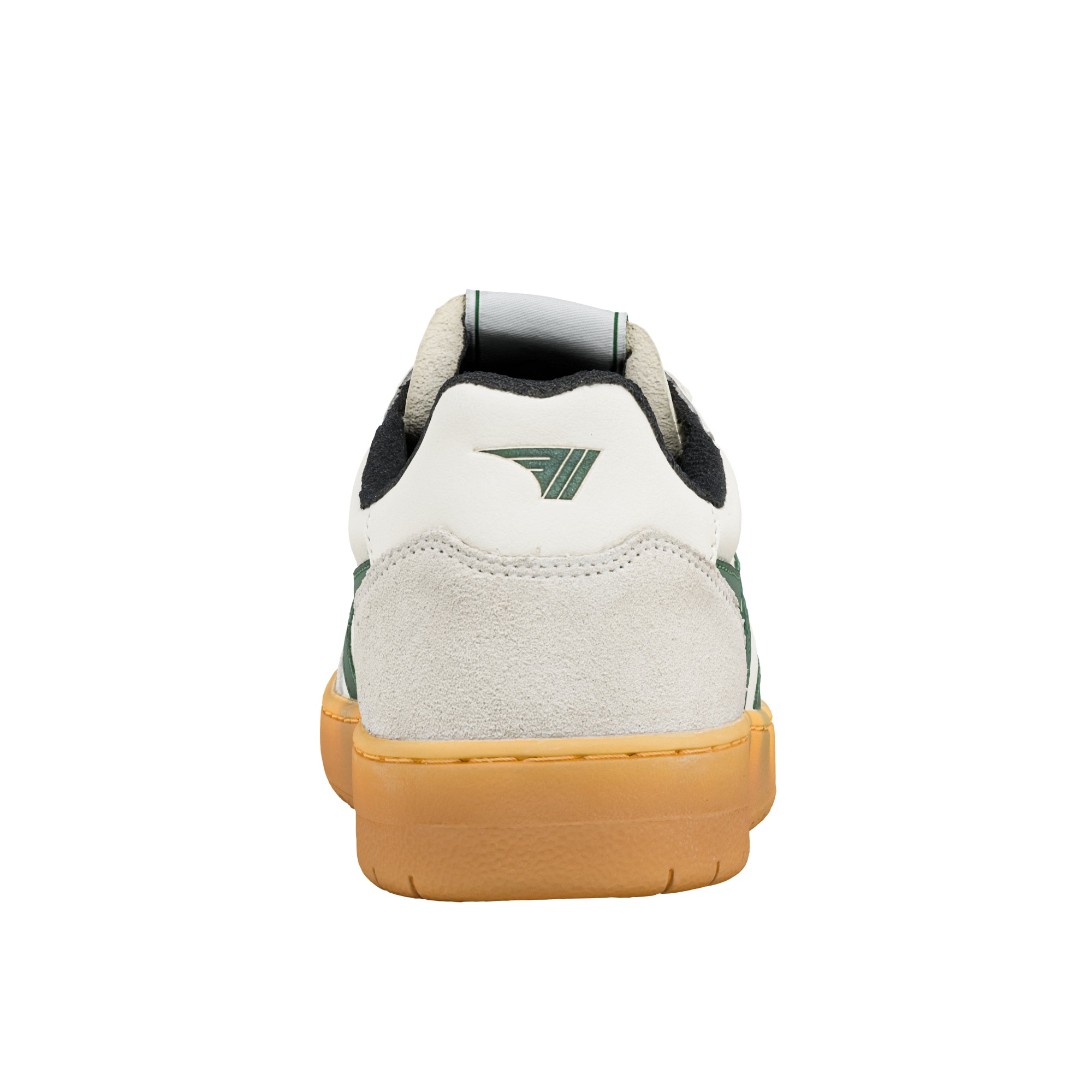 Rear view of a white and green trainer with a gum sole