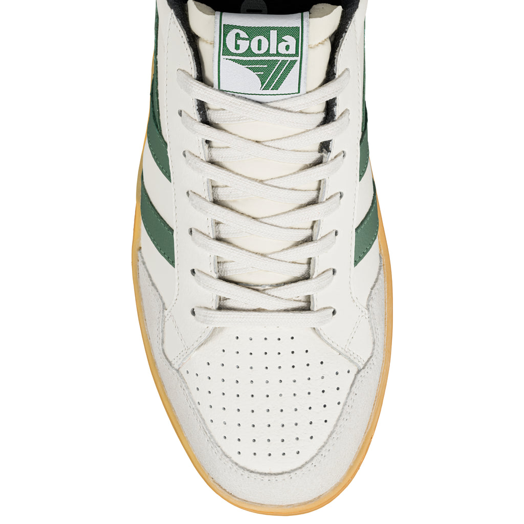 Top-down view of a white Gola trainer with green stripes and a gum sole