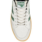 Top-down view of a white Gola trainer with green stripes and a gum sole