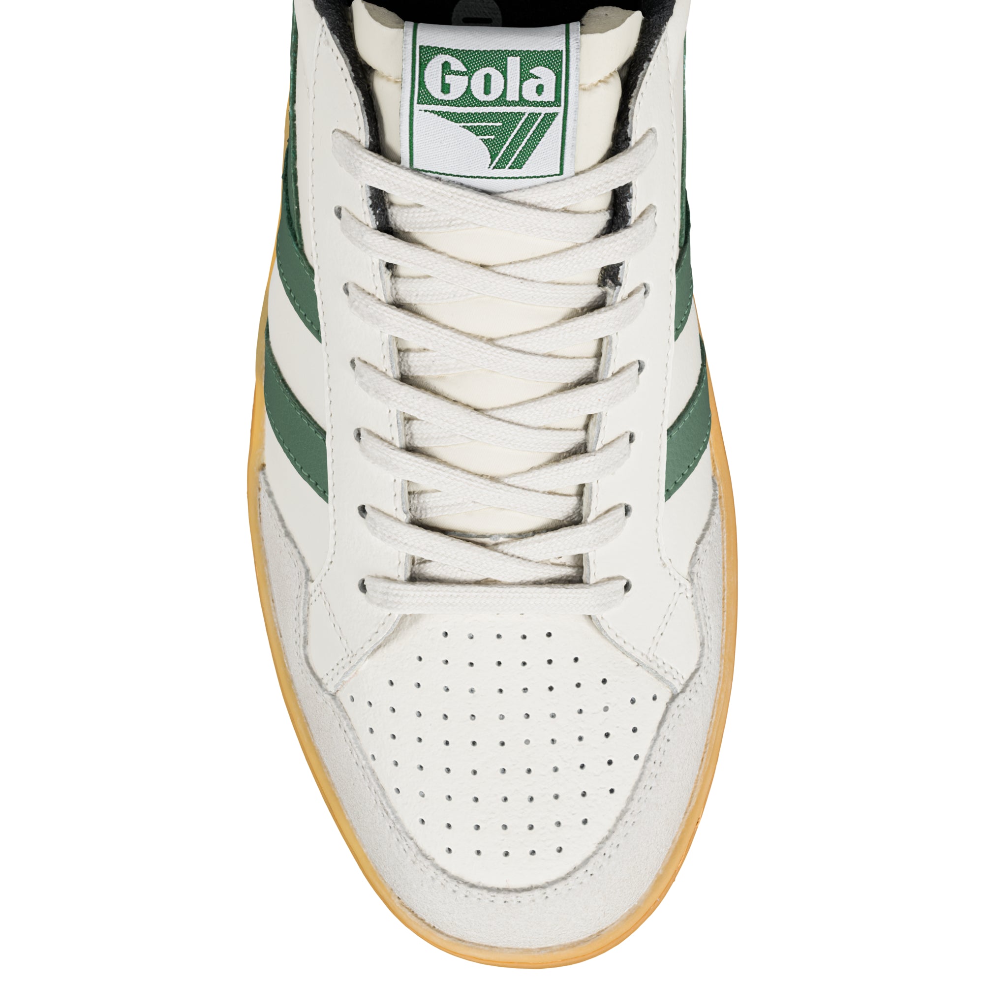 Top-down view of a white Gola trainer with green stripes and a gum sole
