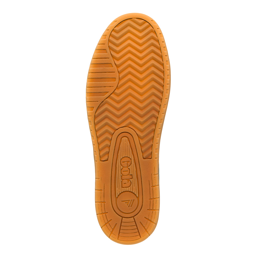 Brown rubber sole of a Gola trainer with a chevron pattern and Gola branding