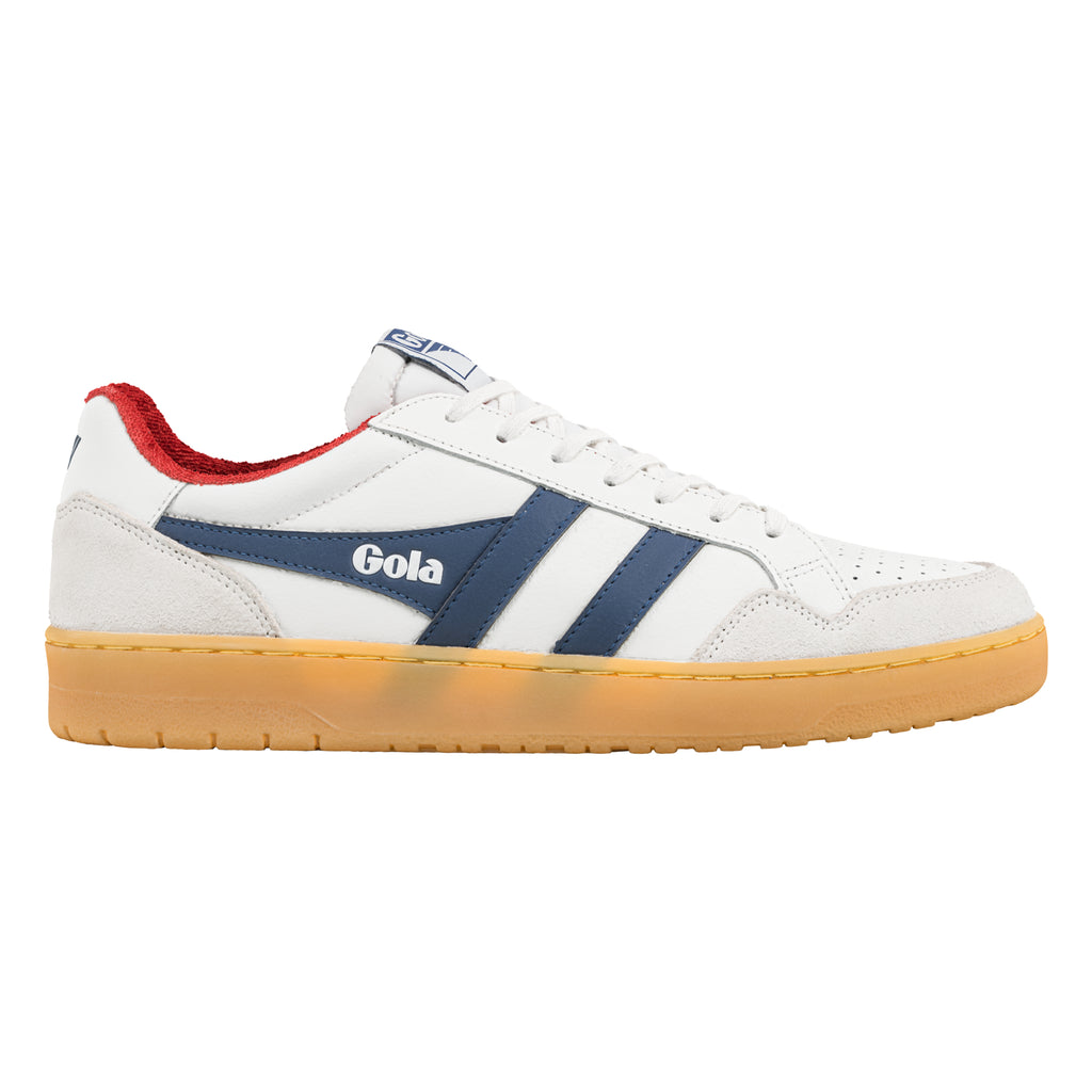 White Gola trainer with navy stripes and red heel detail