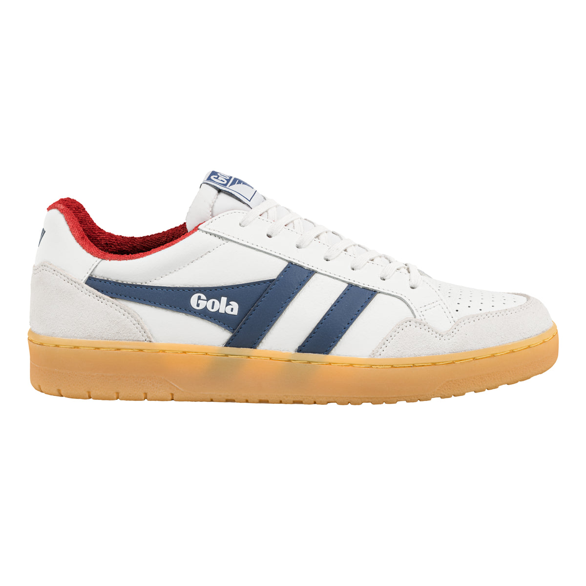 Gola Classics white trainer with blue side stripes and gum sole