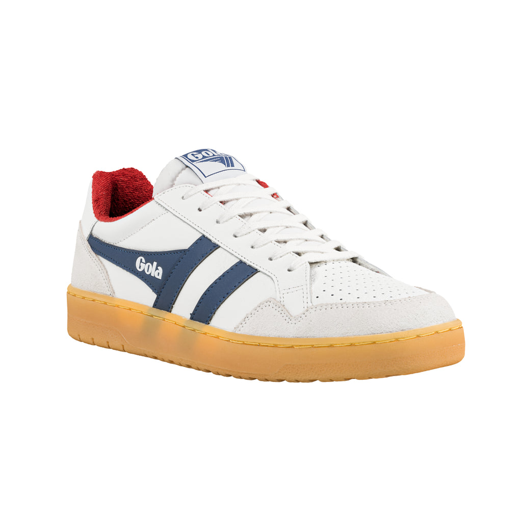 White Gola trainer with navy stripes and a gum sole