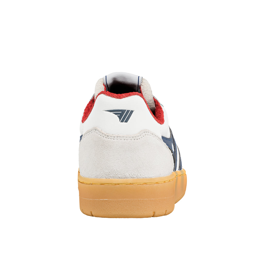 Rear view of a white trainer with a red collar, blue stripe, and gum sole