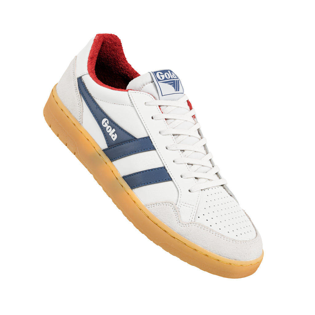 White Gola trainer with blue stripes and red lining