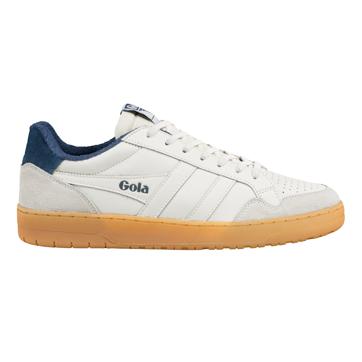 Gola Classics white leather trainer with navy heel tab and gum sole