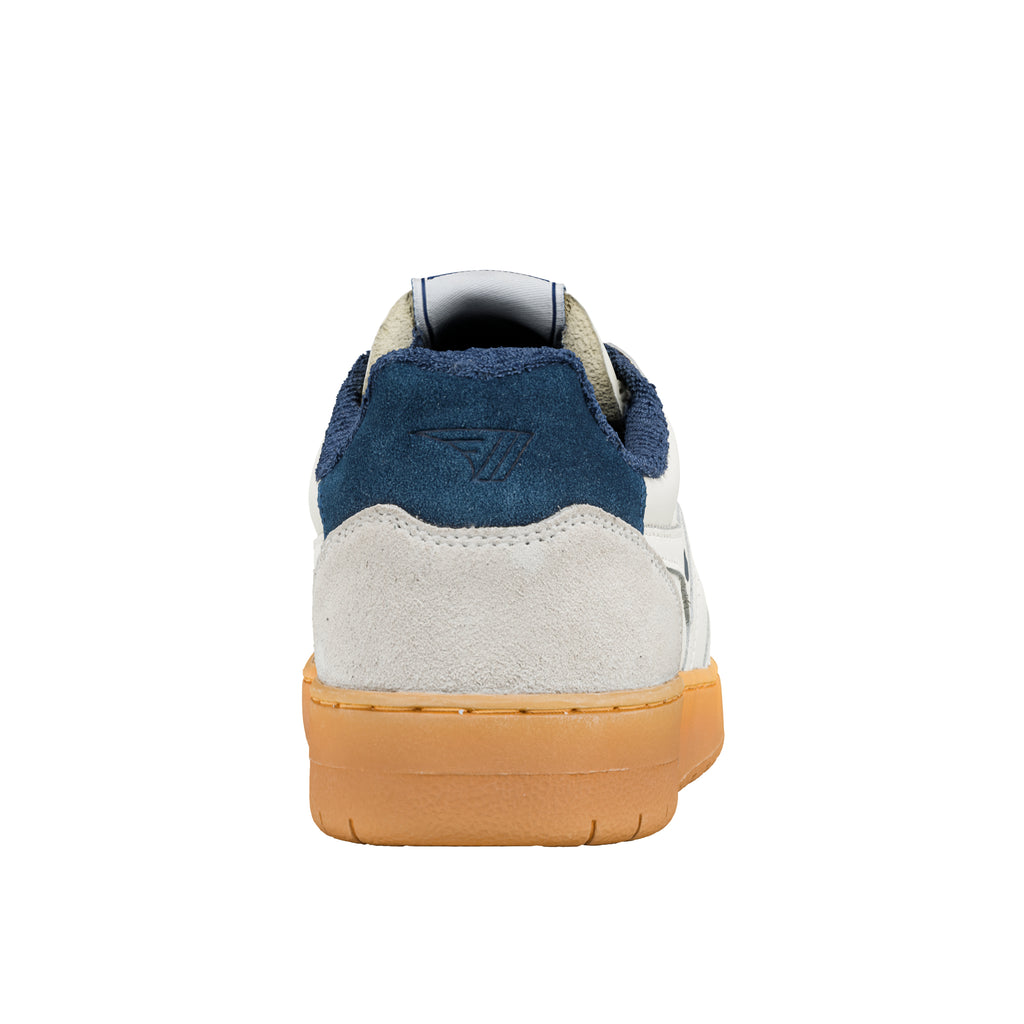 Rear view of a white and blue trainer with a gum sole