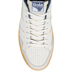 Close-up of a white Gola trainer with blue branding on the tongue and a gum sole