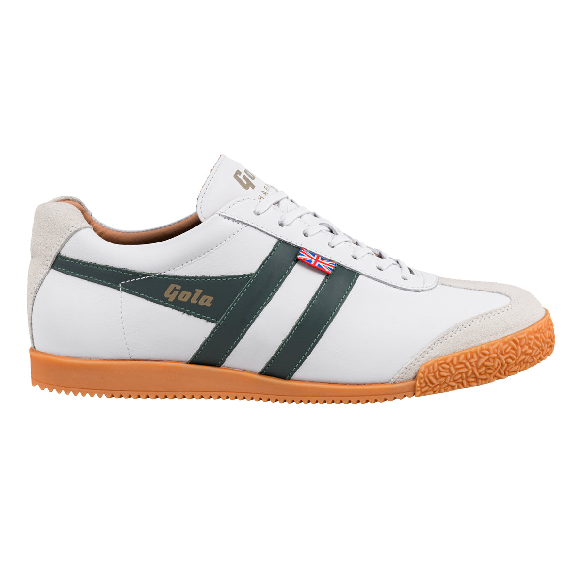 Gola Made in England white leather trainer with green stripes and gum sole