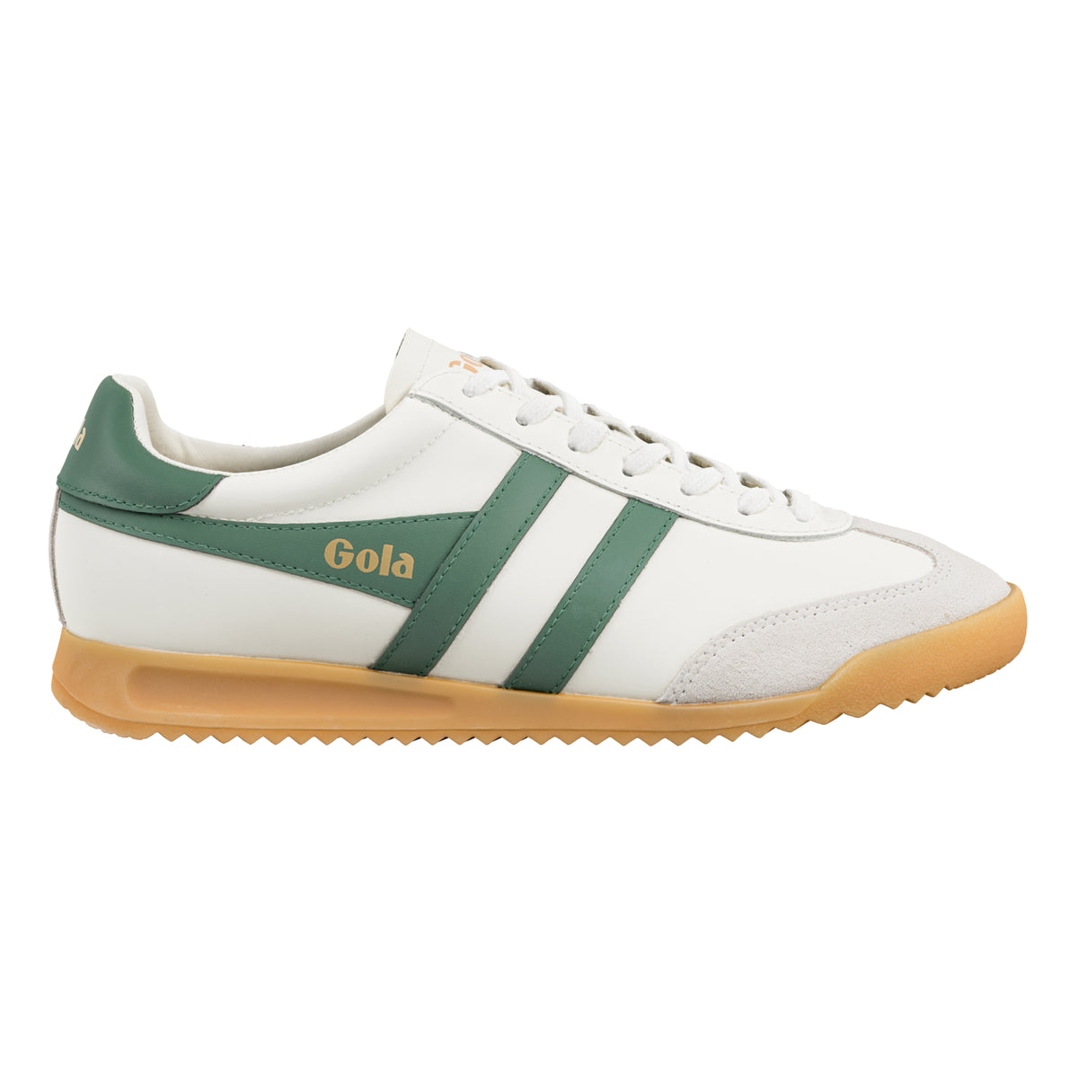 Gola Classics white trainer with green side stripes and gum sole