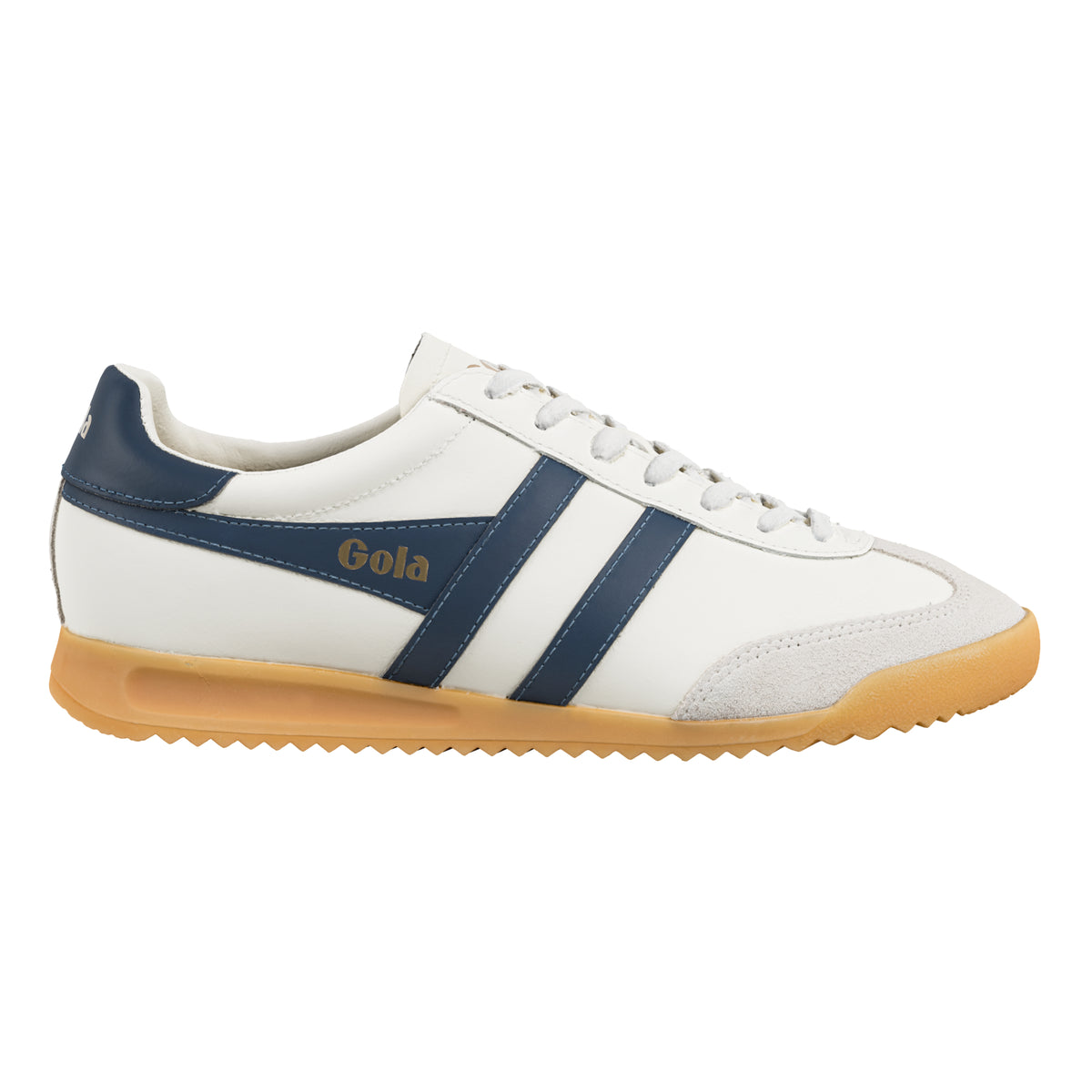 Gola Classics white trainer with navy blue side stripes and gum sole