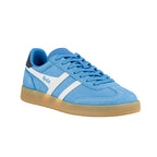 Blue suede Gola trainer with white side stripes and a gum sole