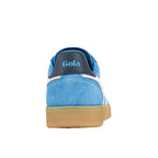 Rear view of a blue suede Gola trainer with a gum rubber sole