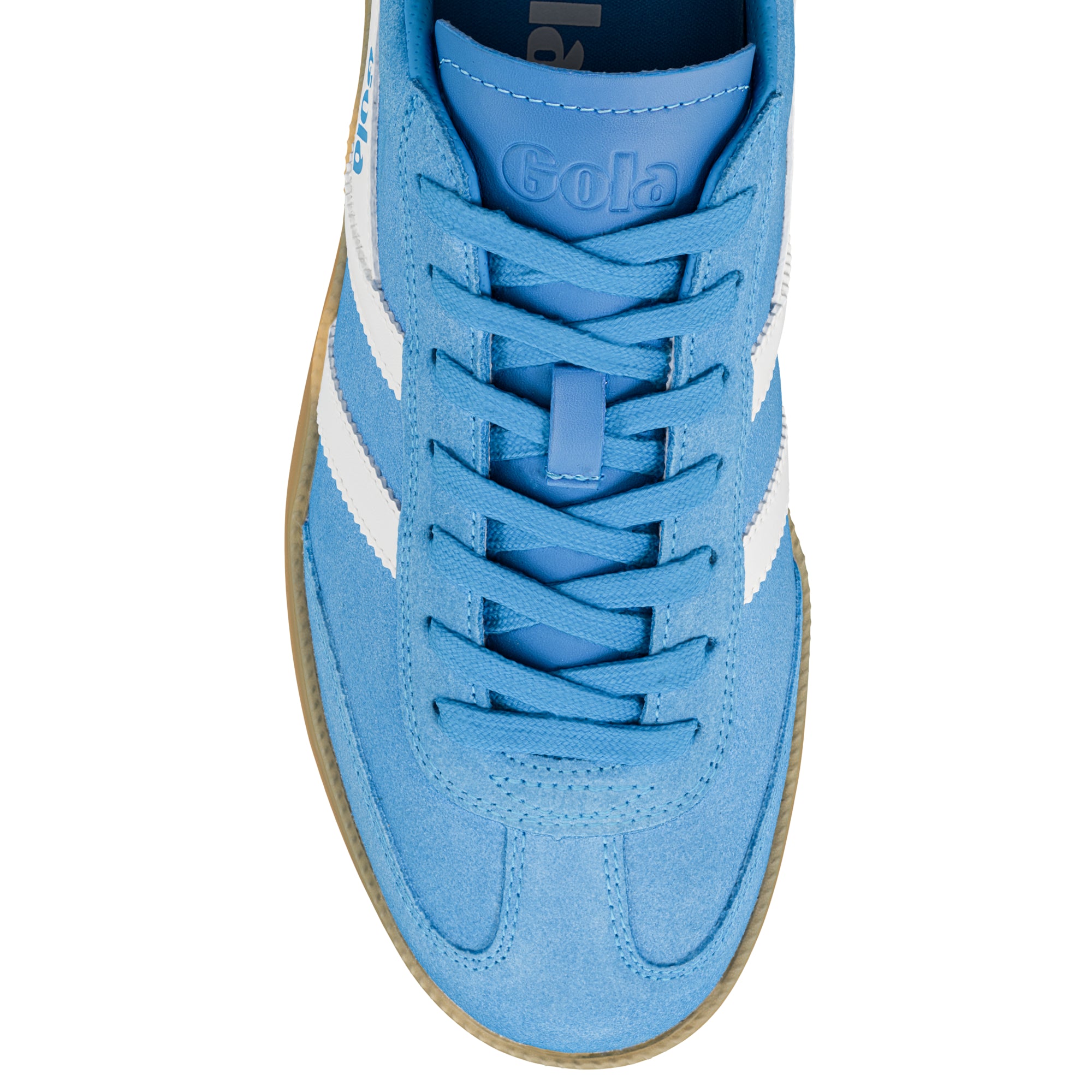 Top view of a blue suede Gola trainer with white side stripes and a gum sole