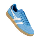 Blue suede Gola trainer with white side stripes and gum sole