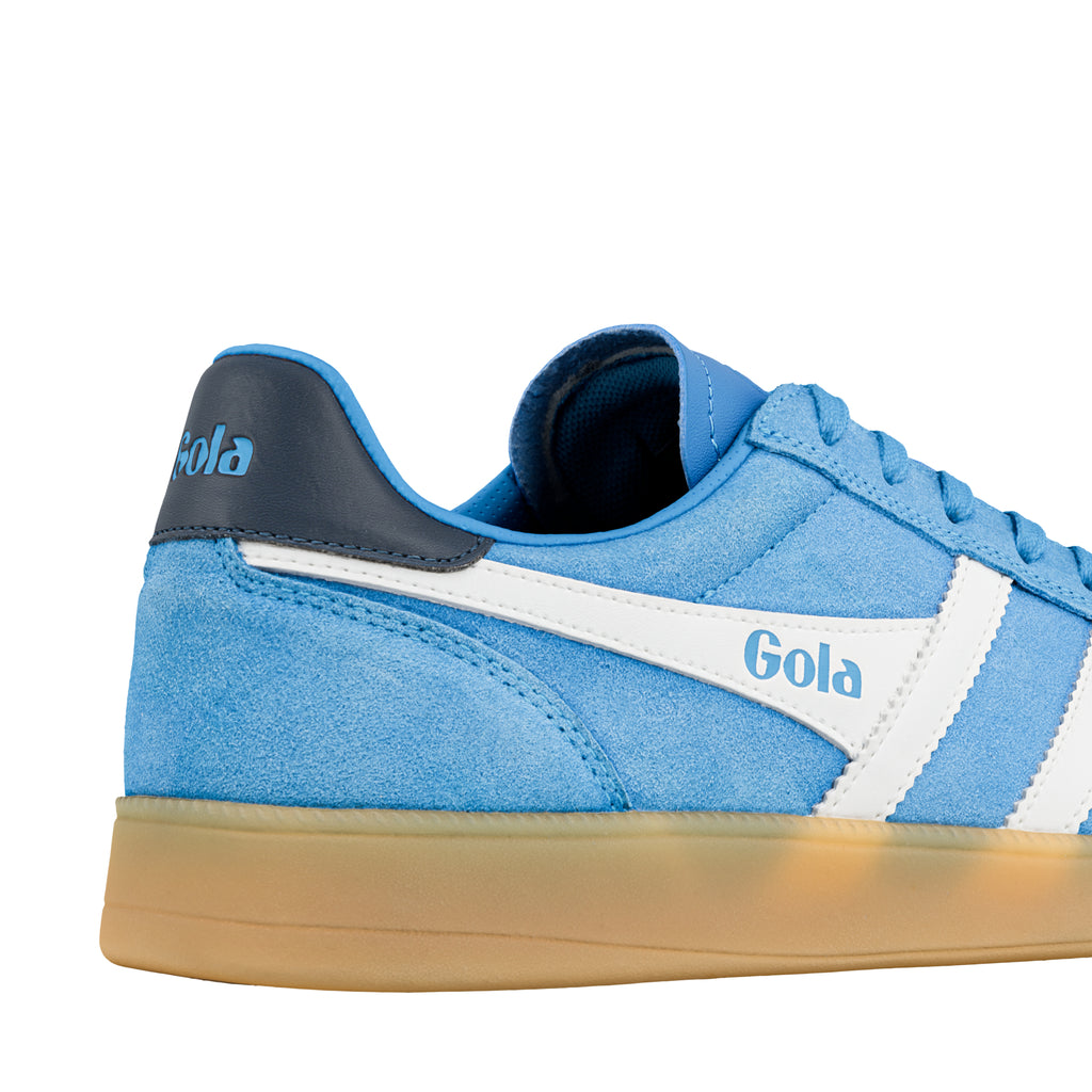 Blue suede Gola trainer with white side stripes and gum sole