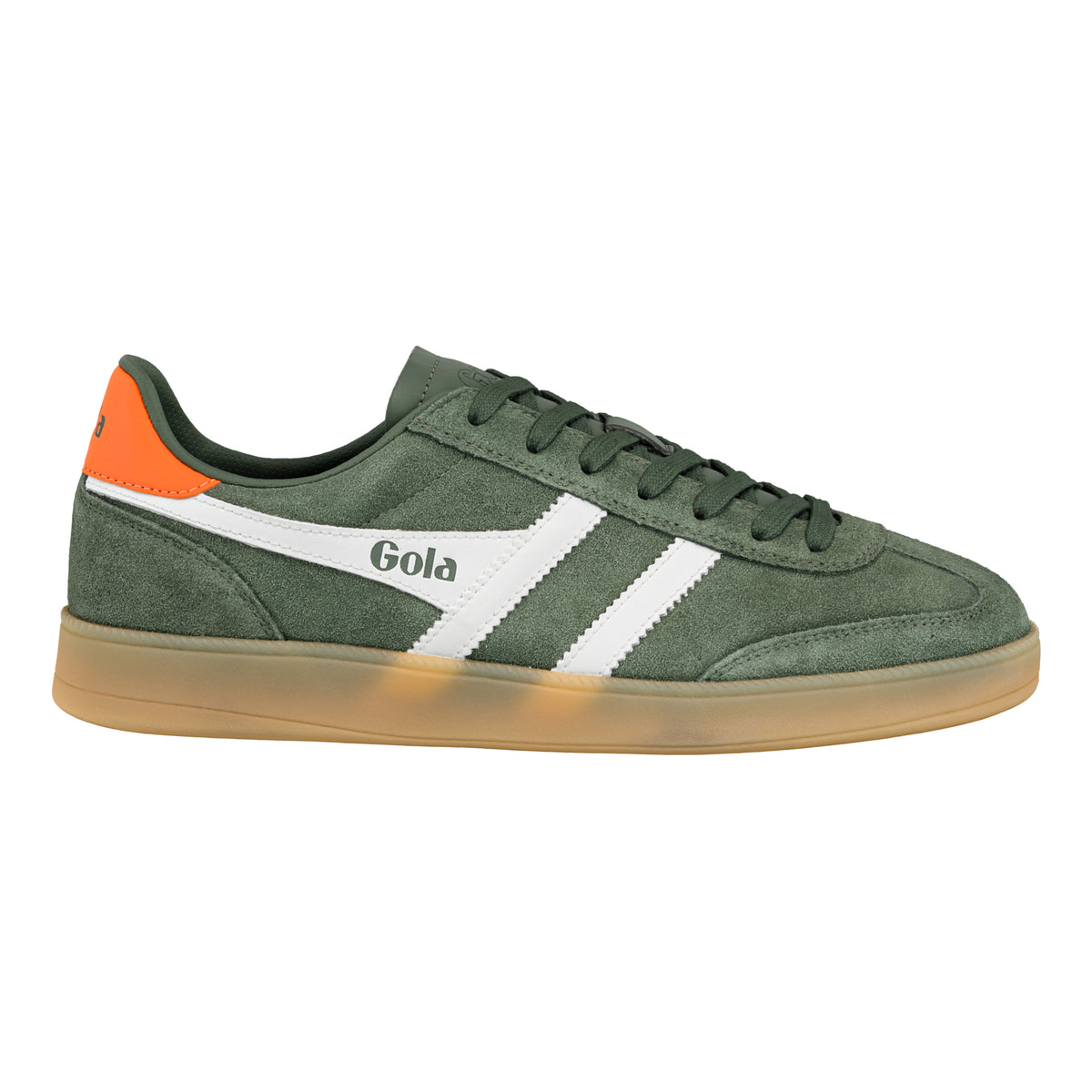 Gola Classics olive green suede trainer with white side stripes and orange heel tab on a gum sole