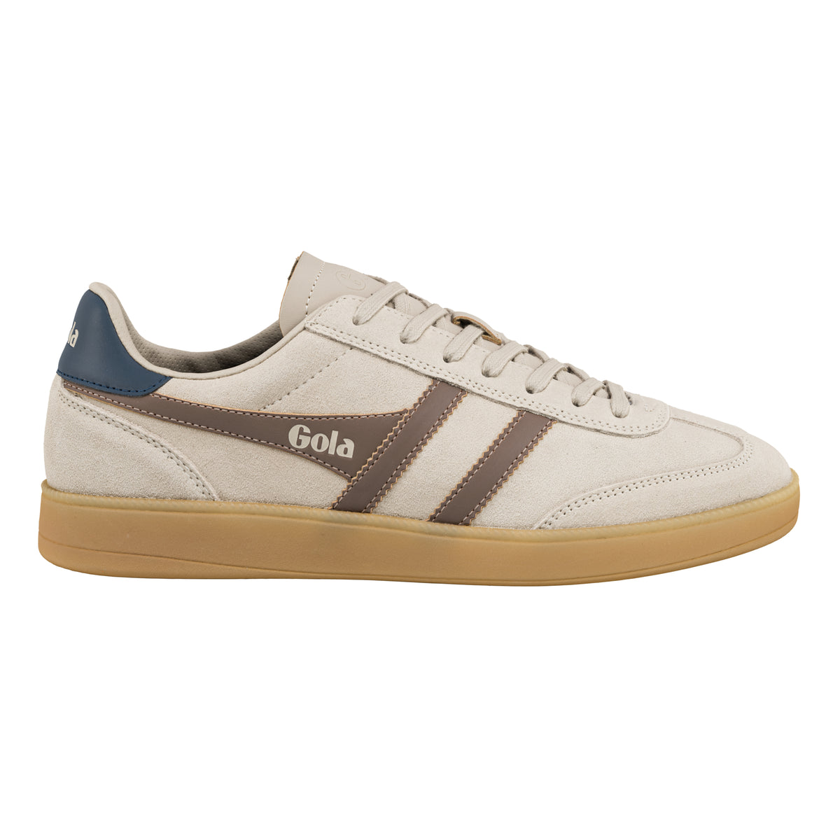 Gola Classics beige suede trainer with brown side stripes and a gum sole