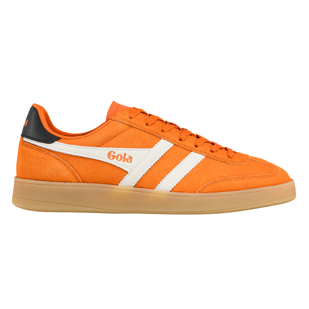 Orange suede Gola trainer with white side stripes and a gum sole