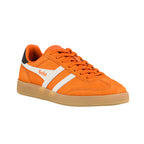 Orange suede Gola trainer with white side stripes and a gum sole