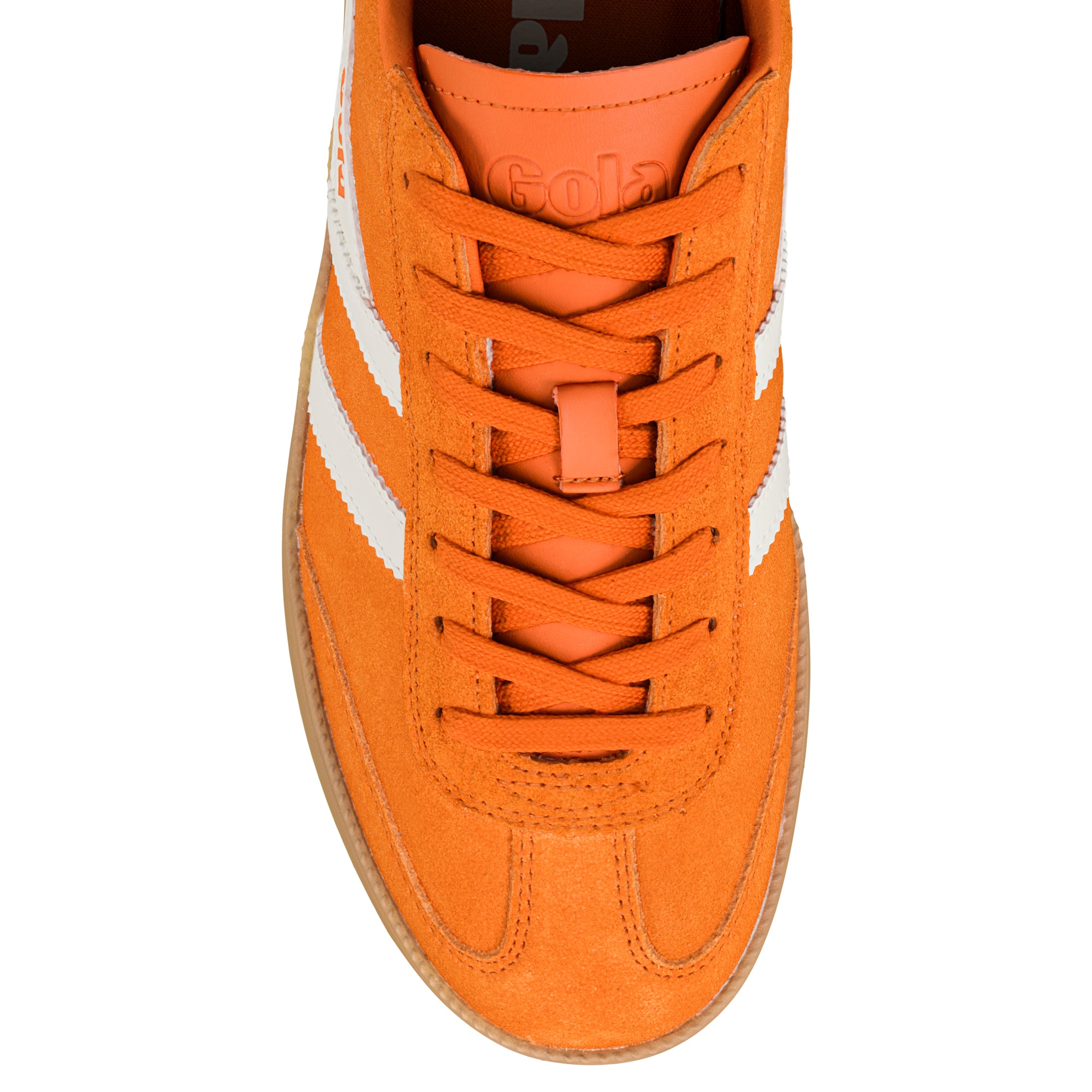 Top view of an orange suede Gola trainer with white side stripes and a gum sole