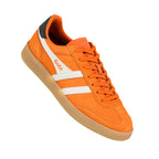 Orange suede Gola trainer with white side stripes and gum sole