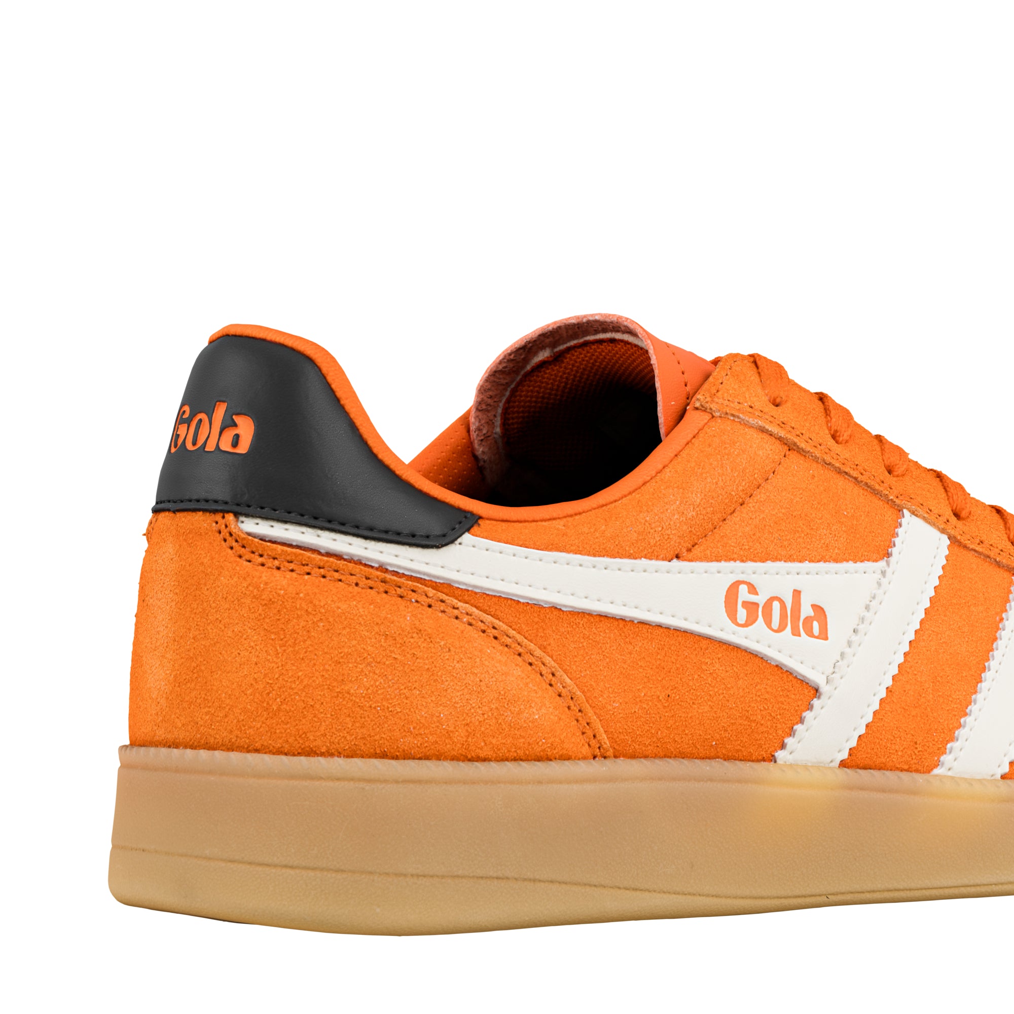 Rear view of an orange suede Gola trainer with white side stripes and a gum sole
