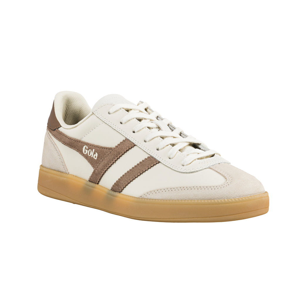 Off white Gola trainer with brown suede side stripes and gum sole